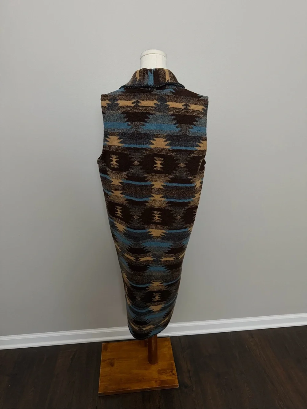 Vintage Mazmania Vest Fleece Long Coat Western Aztec Cowboy Rodeo Brown Blue USA